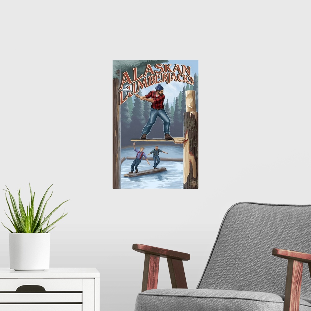 A modern room featuring Alaskan Lumberjacks: Retro Travel Poster