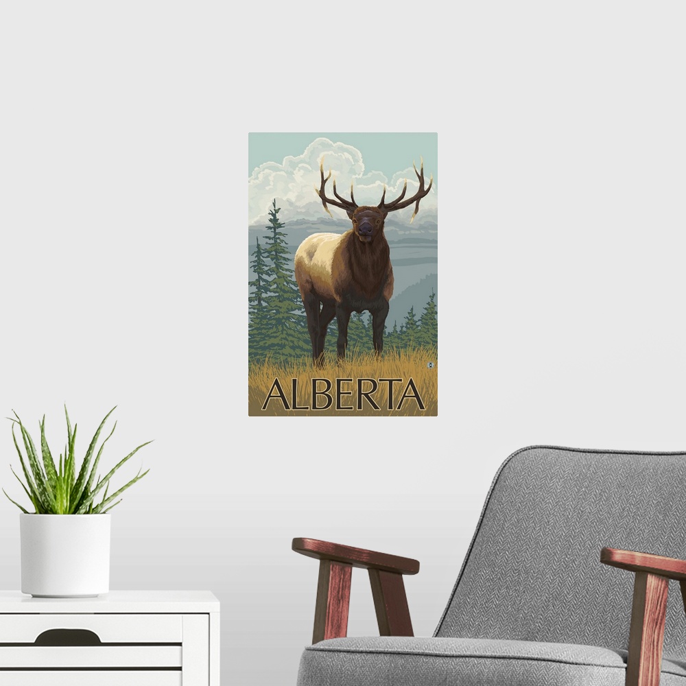 A modern room featuring Alberta, Canada - Elk Scene: Retro Travel Poster