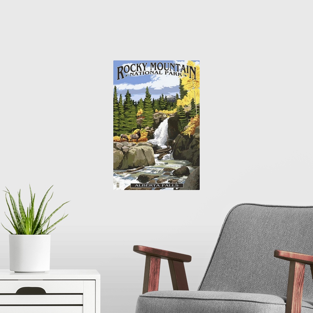 A modern room featuring Retro stylized art poster of a wilderness scene with with a rocky waterfall, and surrounding trees.