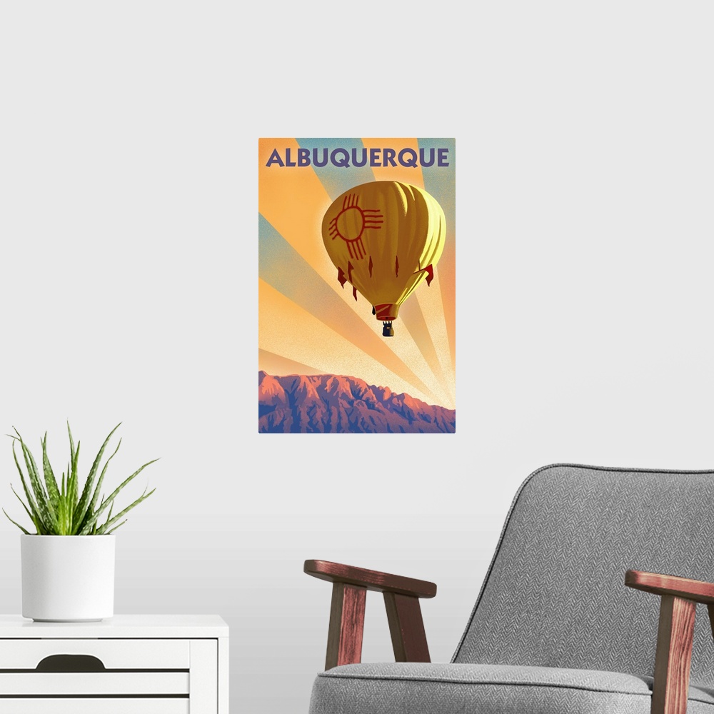 A modern room featuring Albuquerque, New Mexico - Hot Air Balloon - Lithograph