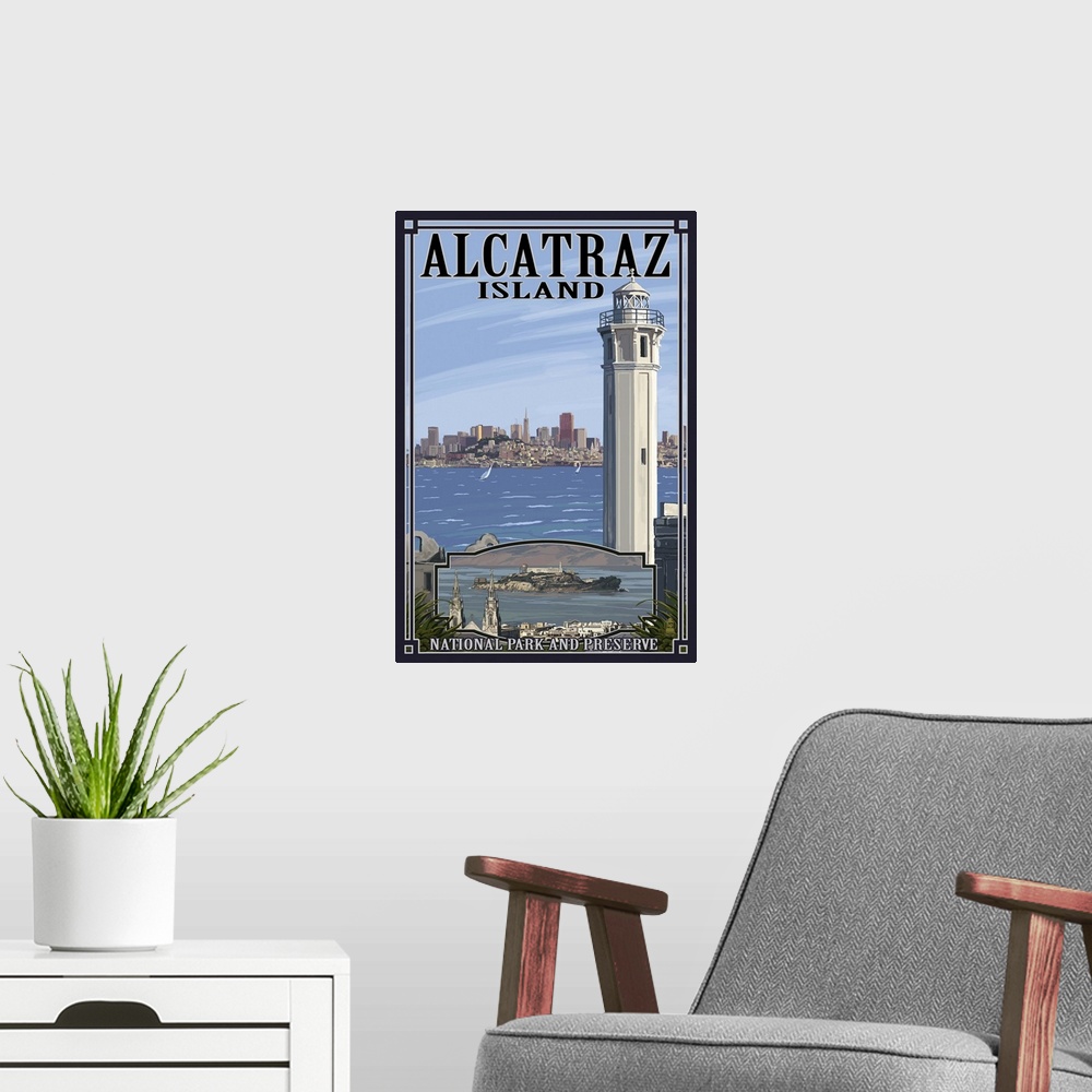 A modern room featuring Alcatraz Island and City - San Francisco, CA: Retro Travel Poster