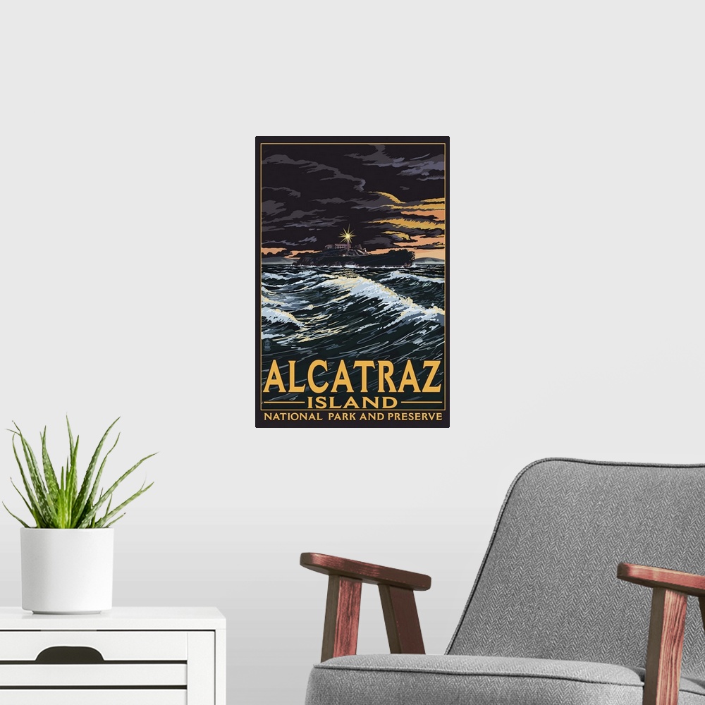 A modern room featuring Alcatraz Island Night Scene - San Francisco, CA: Retro Travel Poster