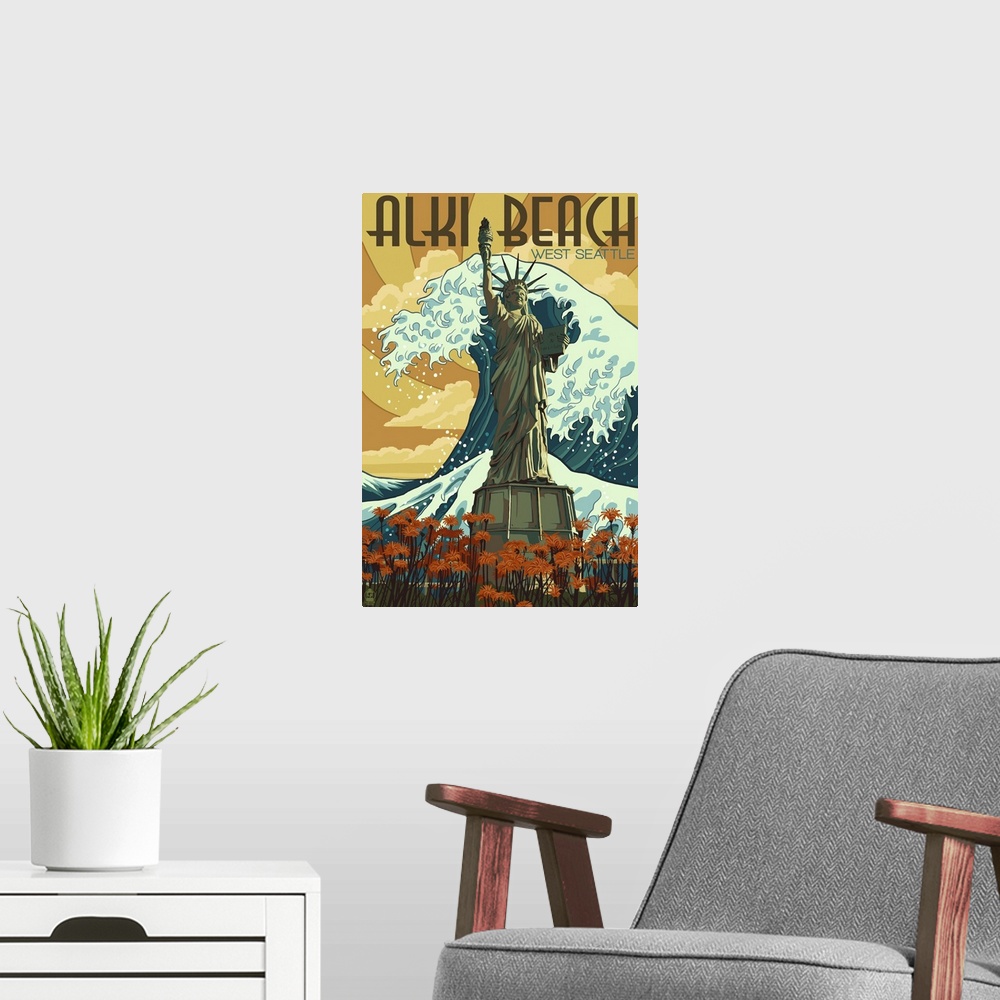 A modern room featuring Alki Beach, West Seattle, WA - Lady Liberty Statue: Retro Travel Poster