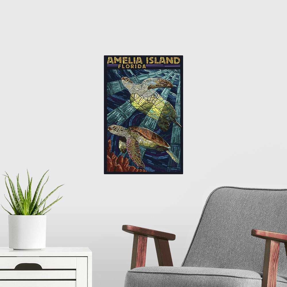 A modern room featuring Amelia Island, Florida - Sea Turtle Mosiac: Retro Travel Poster