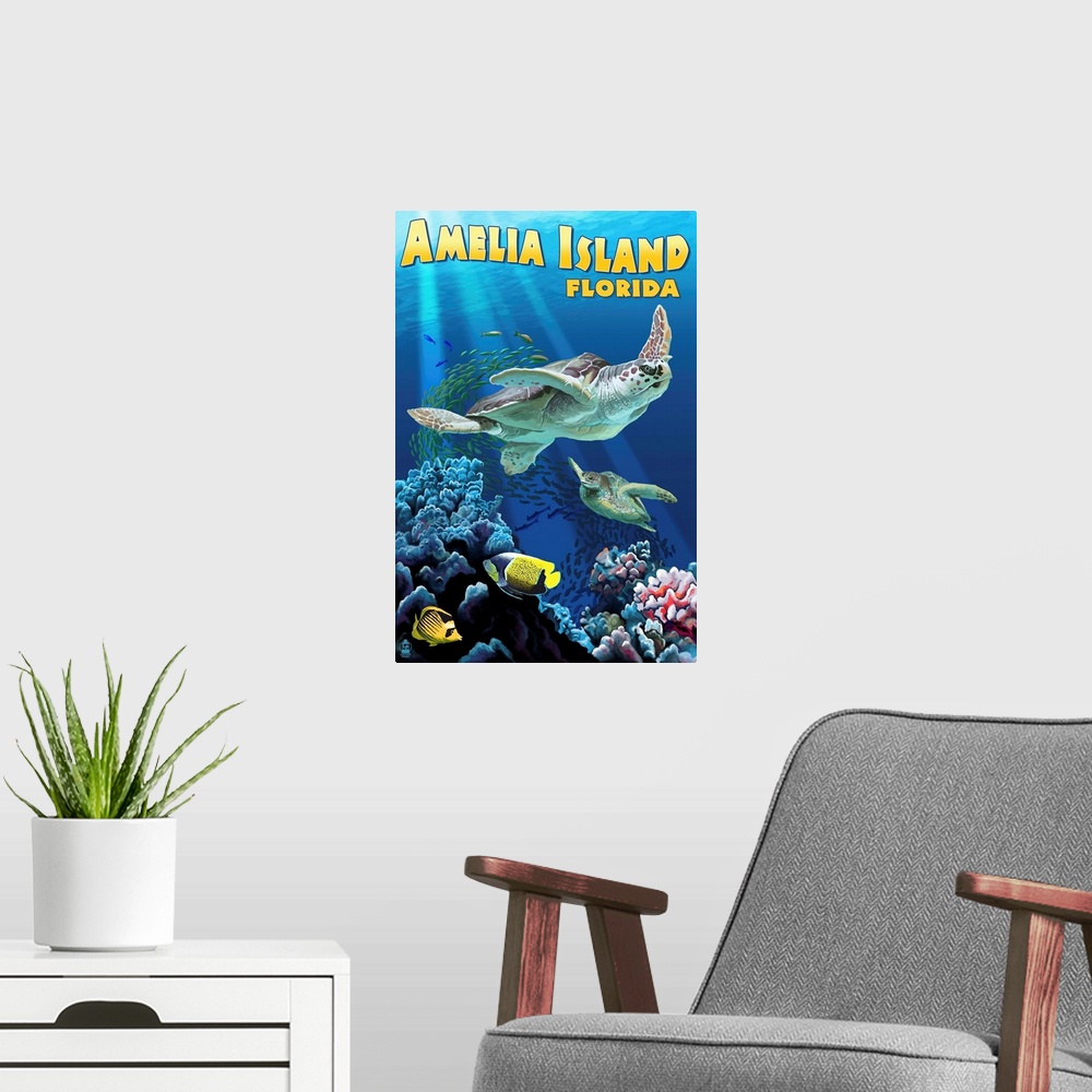 A modern room featuring Amelia Island, Florida - Sea Turtle Swimming: Retro Travel Poster