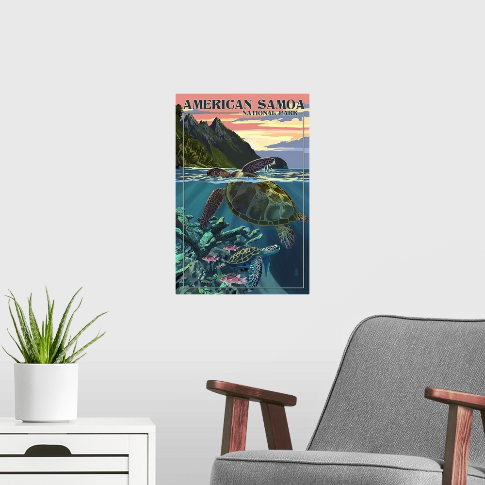 A modern room featuring American Samoa National Park, Sea Turtle Swimming: Retro Travel Poster