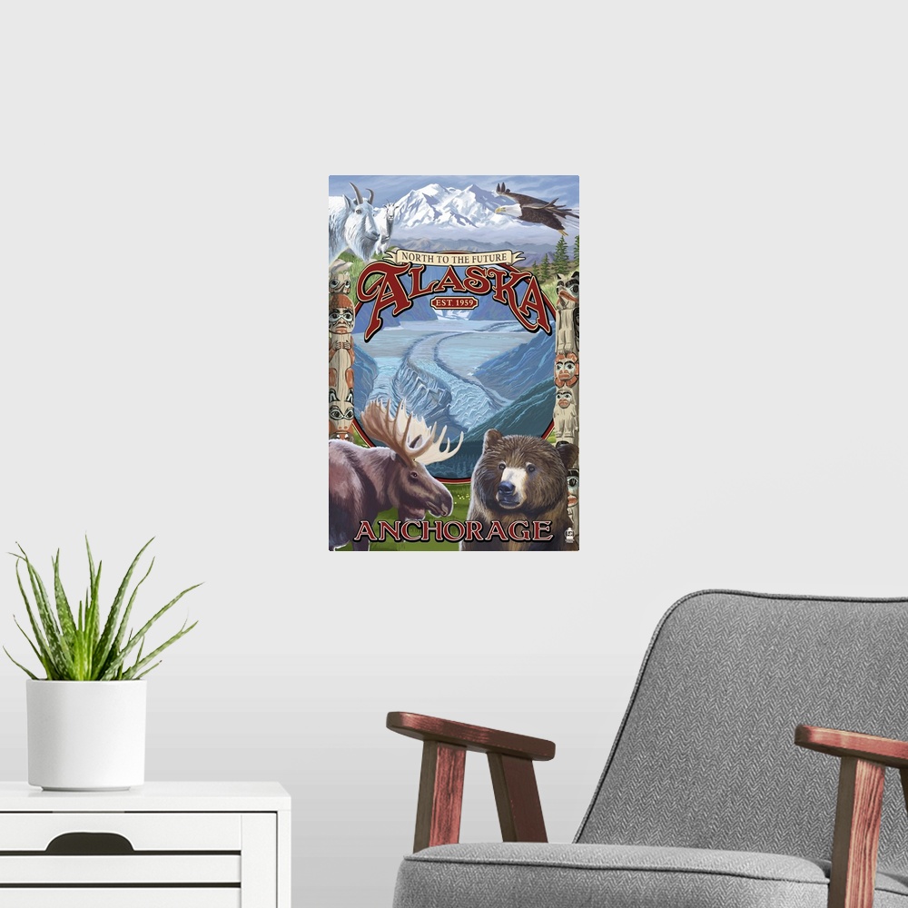 A modern room featuring Anchorage, Alaska - North to the Future Montage: Retro Travel Poster