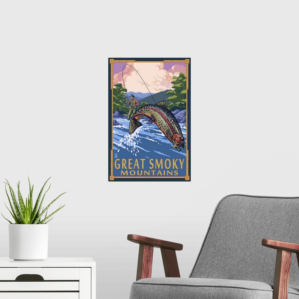 A modern room featuring Angler Fly Fishing Scene, Great Smoky Mountains