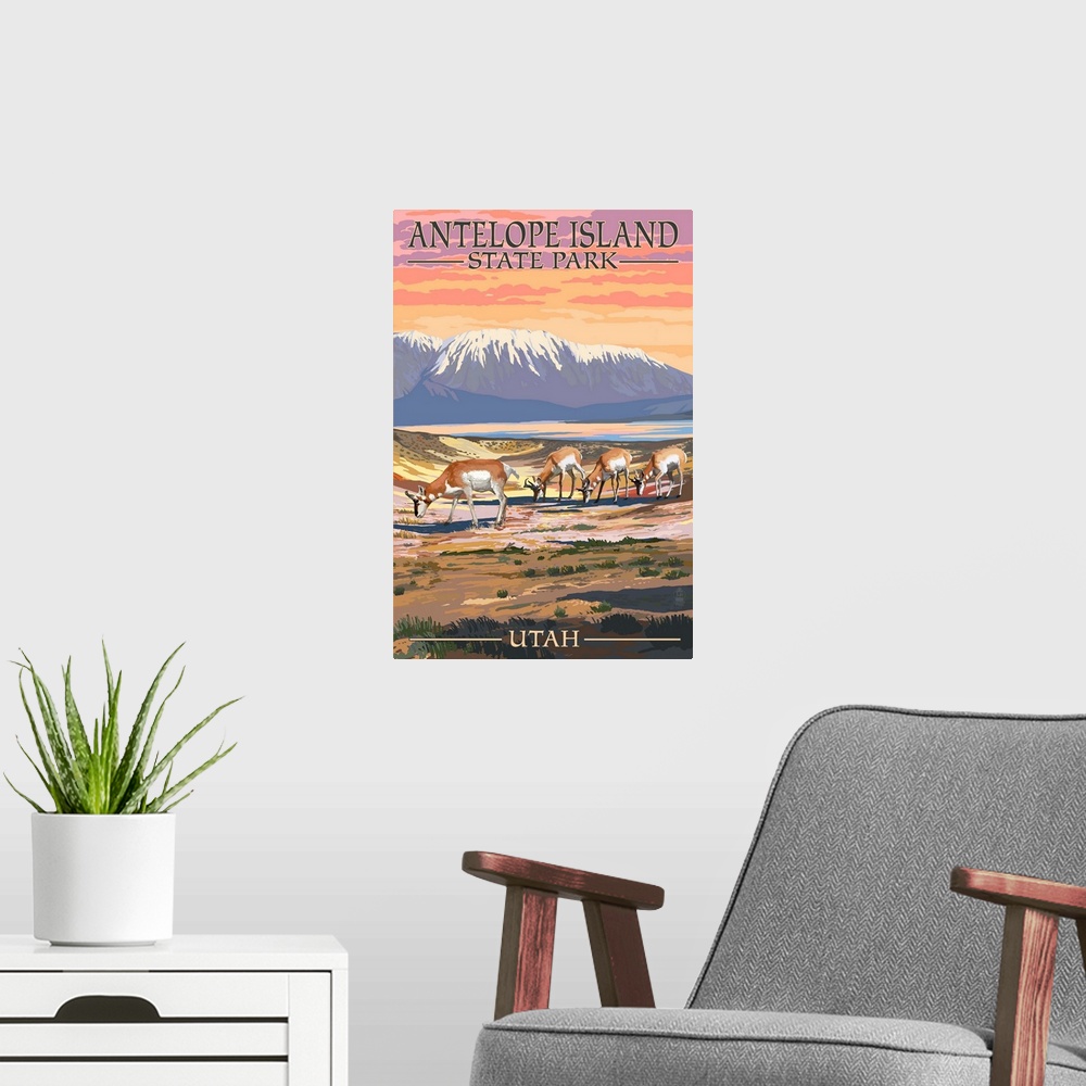 A modern room featuring Antelope Island State Park, Utah - Antelope Scene: Retro Travel Poster