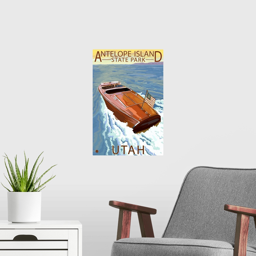A modern room featuring Antelope Island State Park, Utah - Wooden Boat: Retro Travel Poster