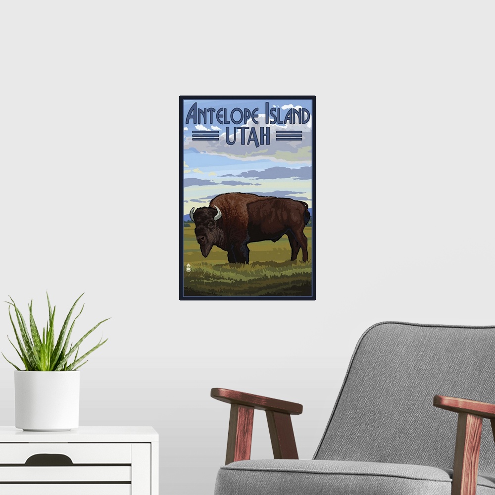 A modern room featuring Antelope Island, Utah - Bison Scene: Retro Travel Poster