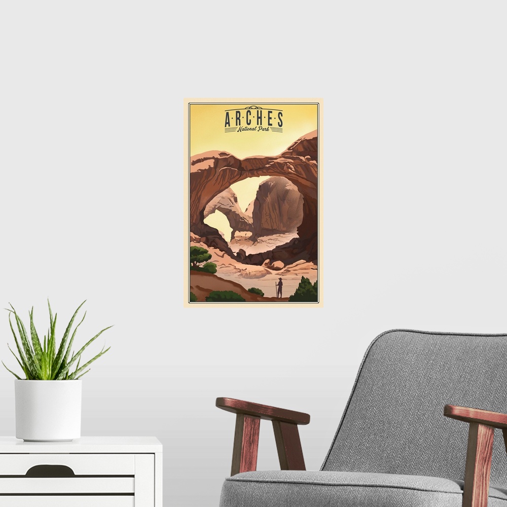A modern room featuring Arches National Park, Double Arch: Retro Travel Poster