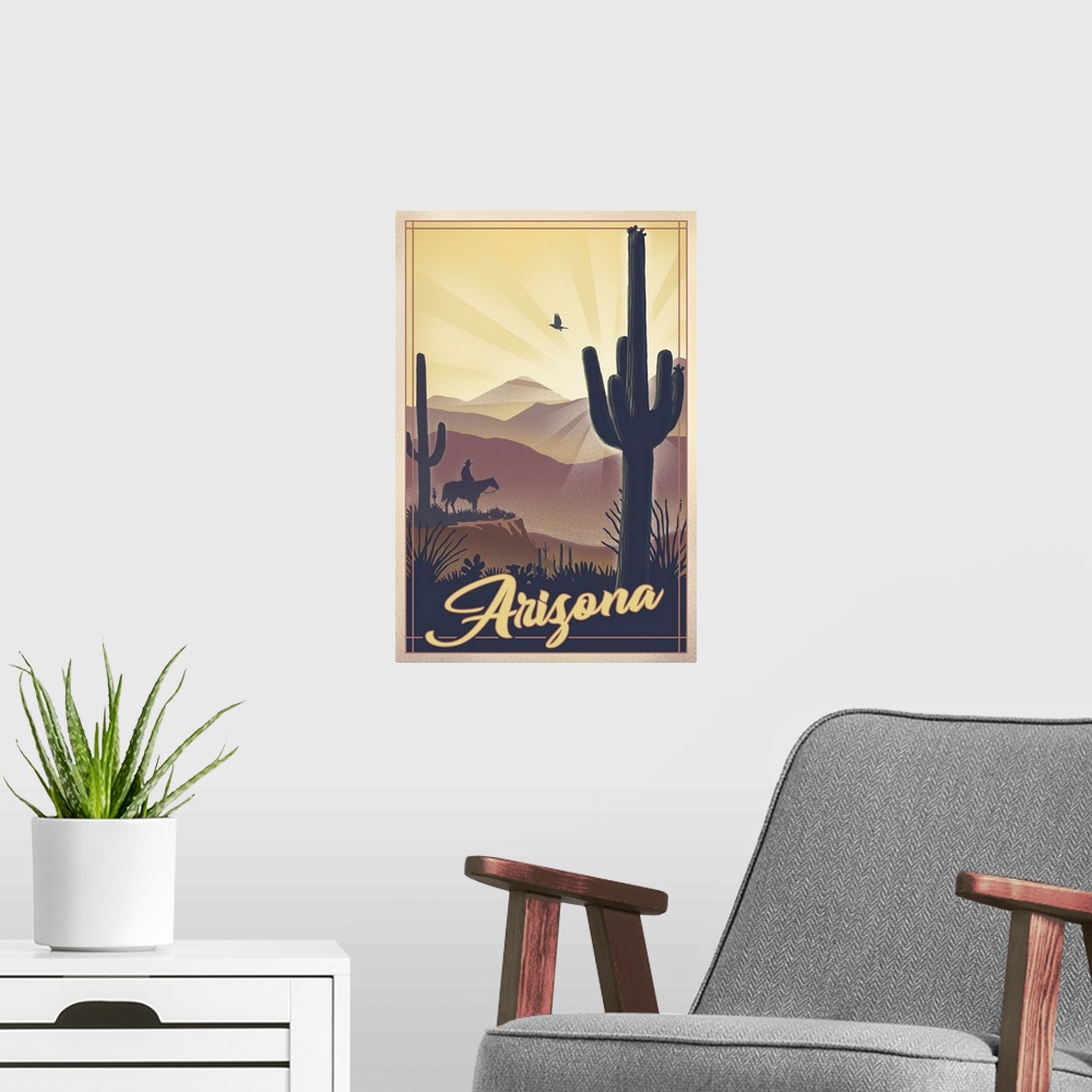 A modern room featuring Arizona - Desert Scene - Lithograph