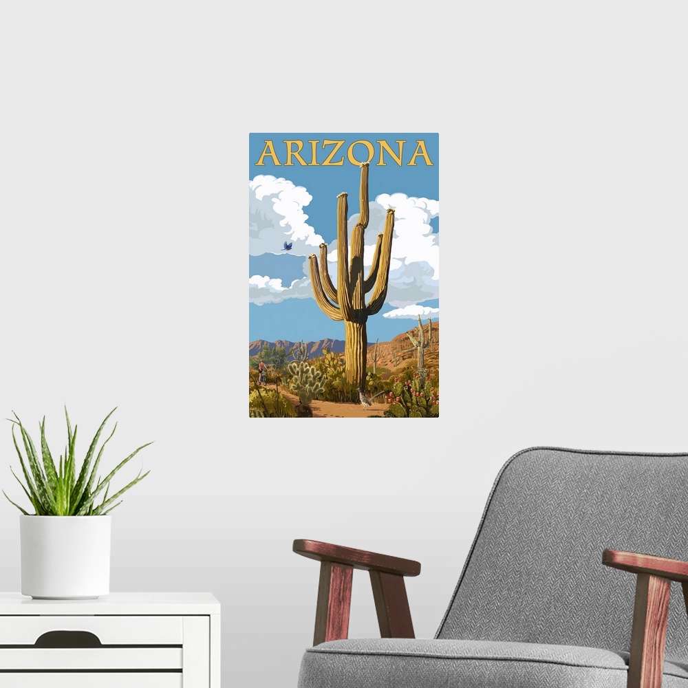 A modern room featuring Arizona - Saguaro and Roadrunner: Retro Travel Poster