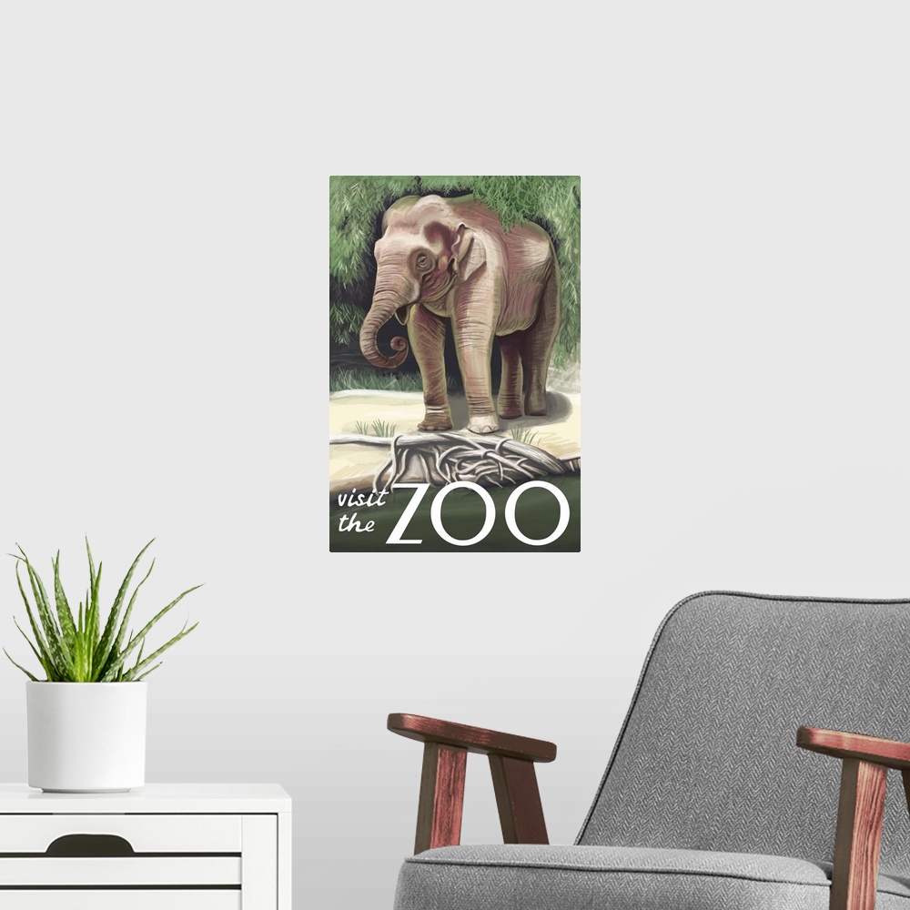 A modern room featuring Asian Elephant - Visit the Zoo: Retro Travel Poster