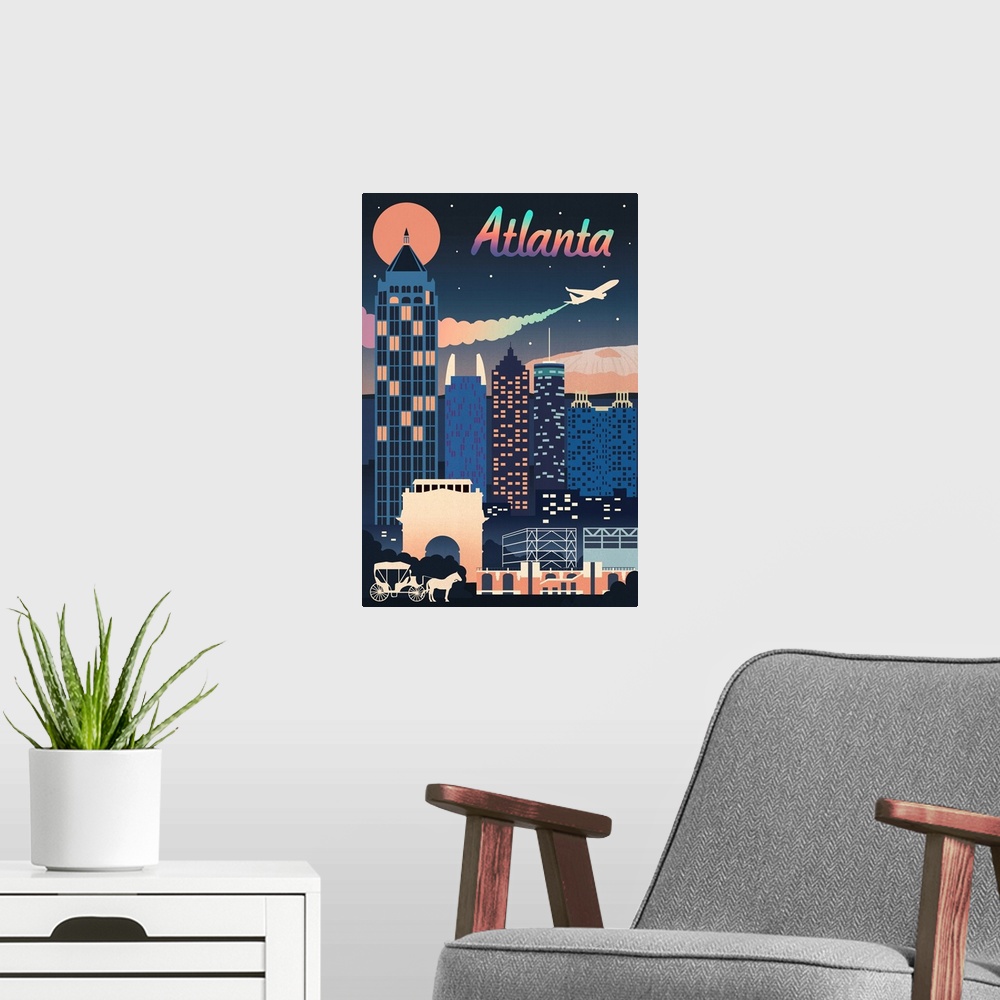 A modern room featuring Atlanta, Georgia - Retro Skyline Chromatic Series