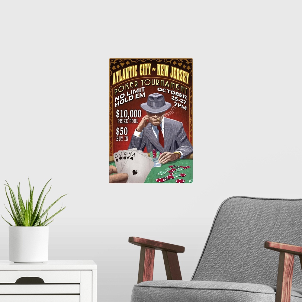 A modern room featuring Atlantic City, New Jersey - Poker Tournament Vintage Sign: Retro Travel Poster