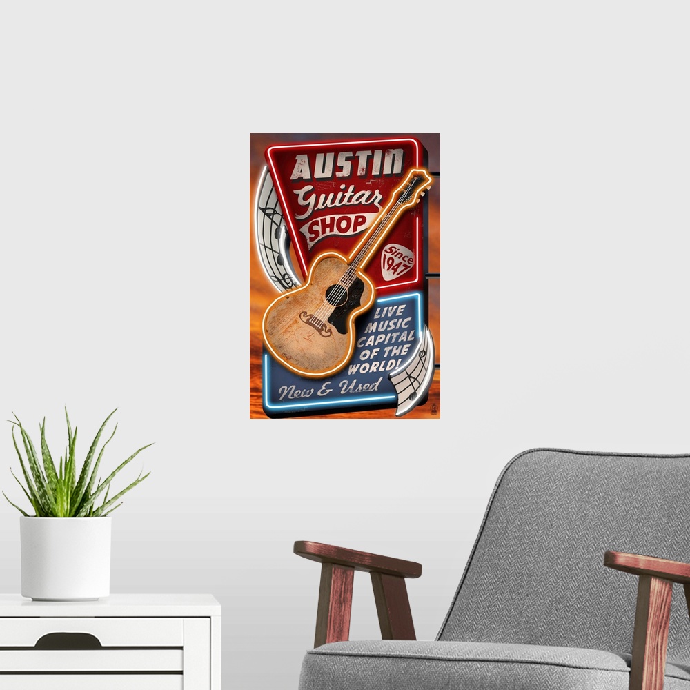 A modern room featuring Austin, Texas - Guitar Shop Vintage Sign: Retro Travel Poster