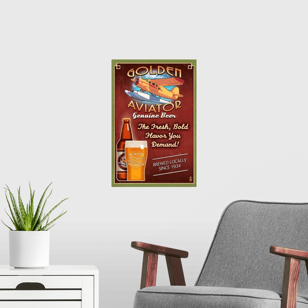 A modern room featuring Aviator Beer, Vintage Sign