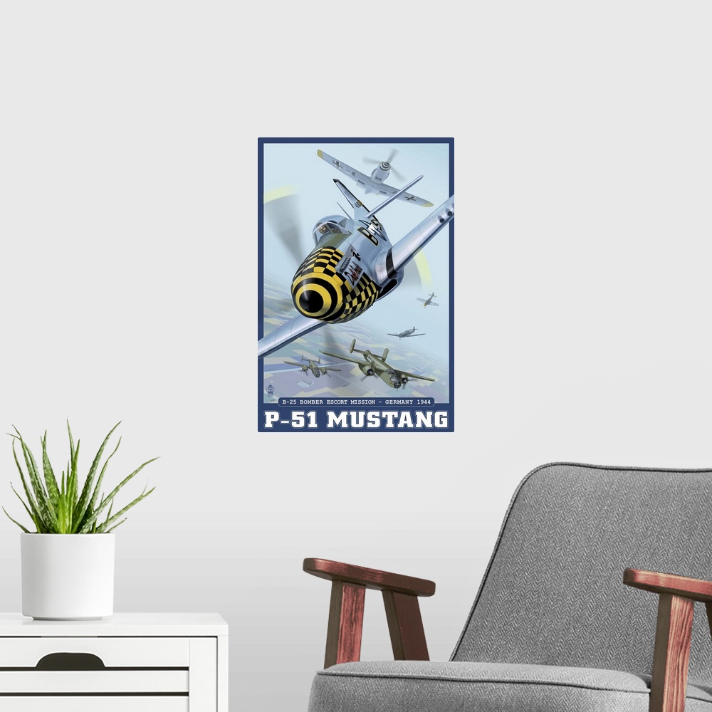 A modern room featuring B-25 Bomber Escort Mission - P-51 Mustang: Retro Travel Poster