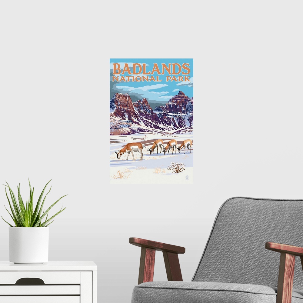 A modern room featuring Badlands National Park, South Dakota - Antelope in Winter: Retro Travel Poster