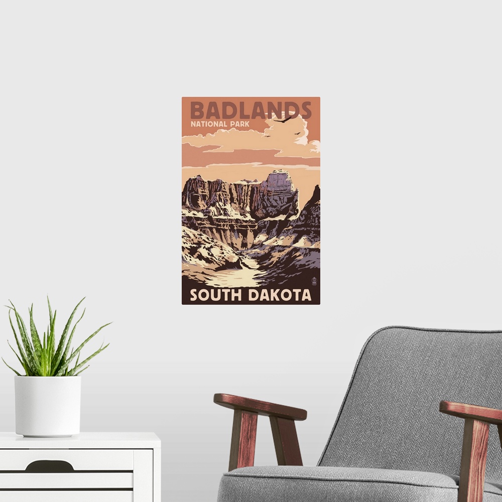 A modern room featuring Badlands National Park, South Dakota - Castle Rock: Retro Travel Poster