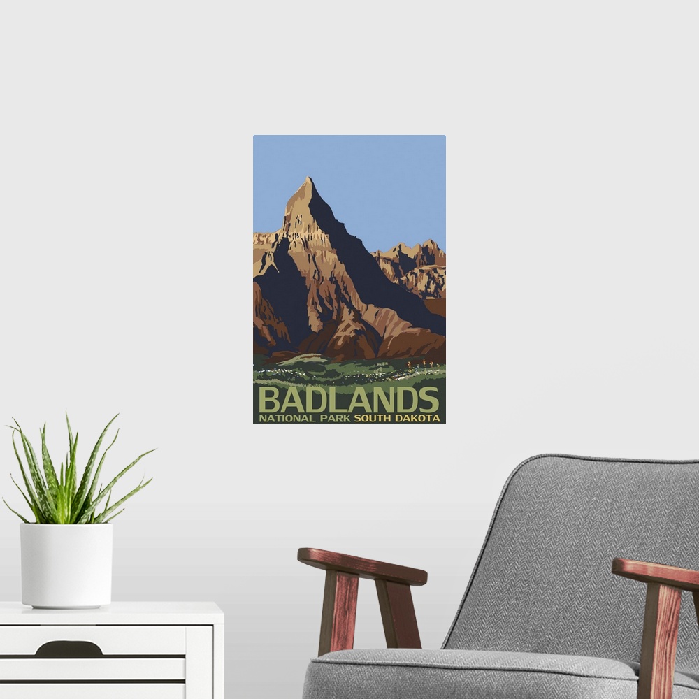 A modern room featuring Badlands National Park, South Dakota: Retro Travel Poster