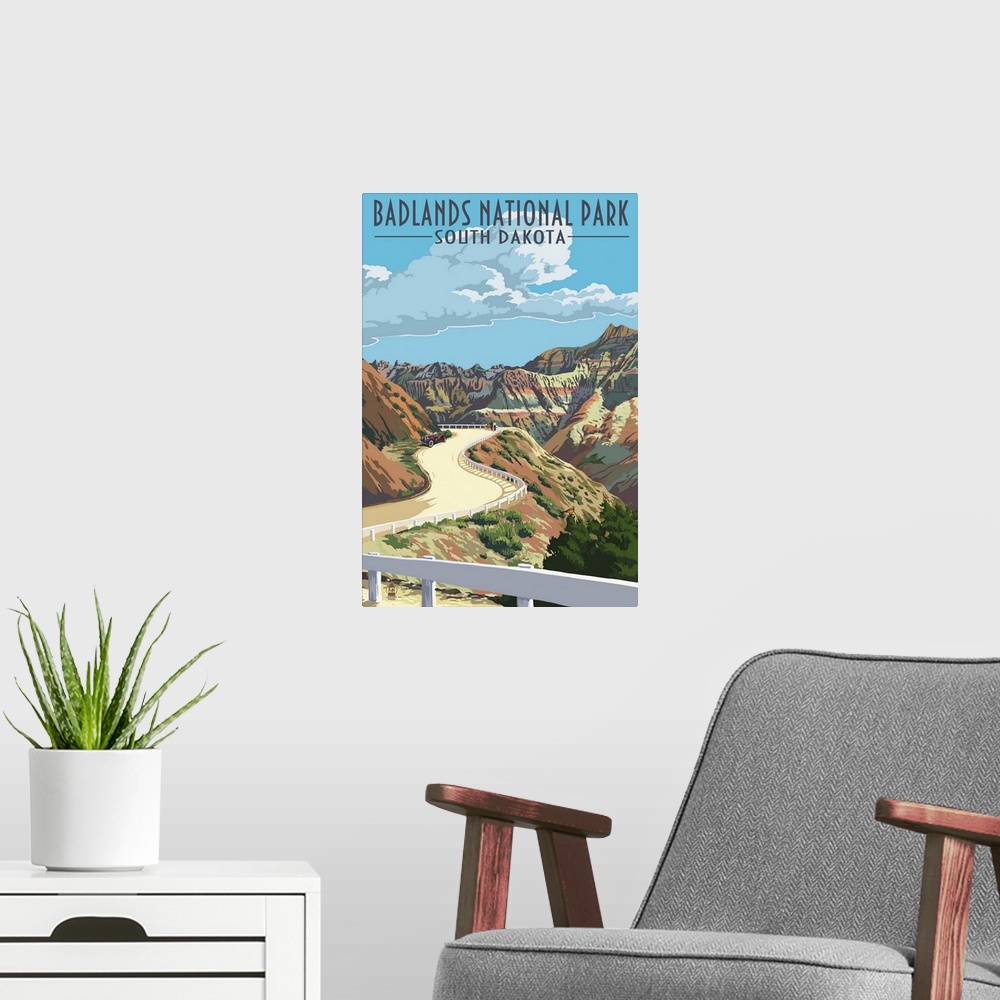 A modern room featuring Badlands National Park, South Dakota - Road Scene: Retro Travel Poster