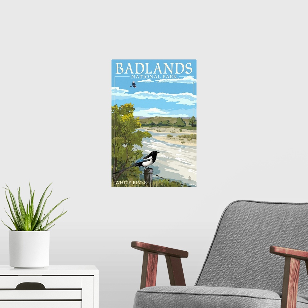 A modern room featuring Badlands National Park, South Dakota - White River: Retro Travel Poster