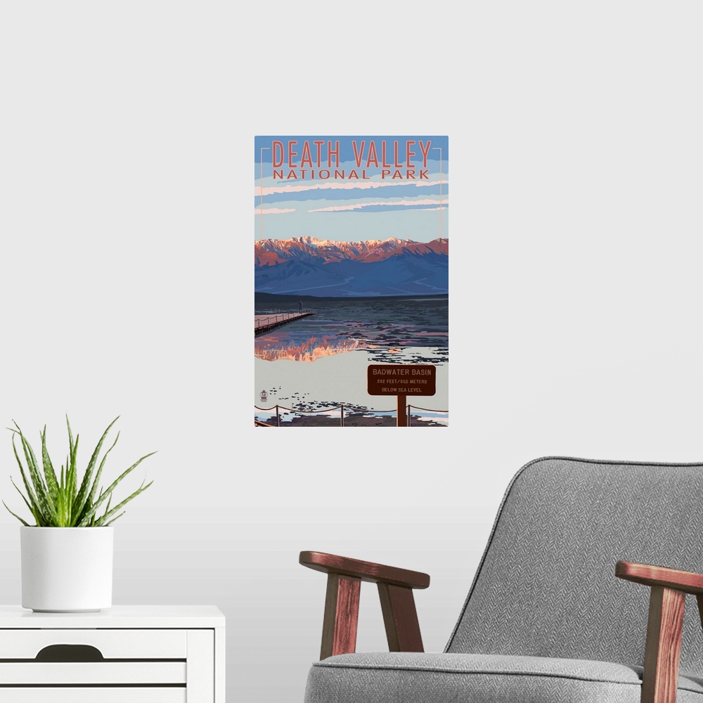A modern room featuring Retro stylized art poster of mountain range being reflected in a lake.