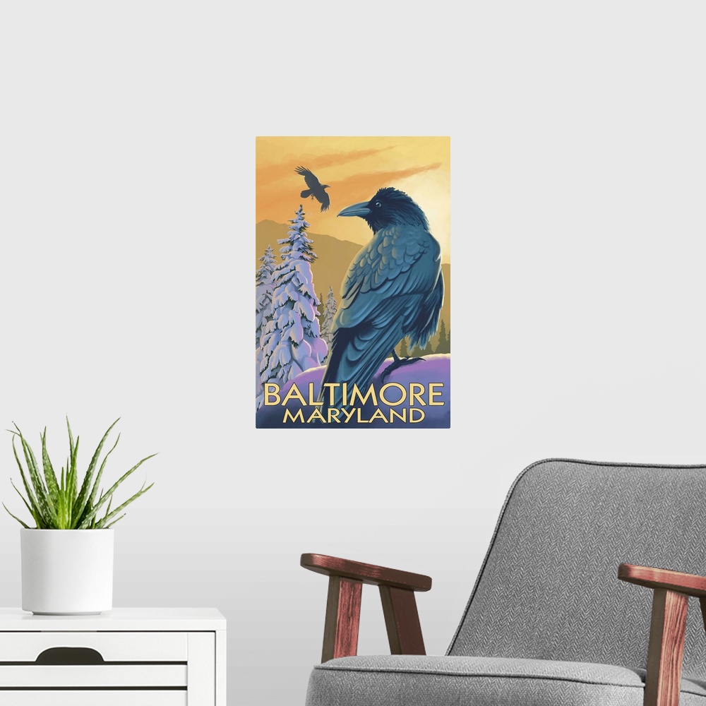 A modern room featuring Baltimore, Maryland - Raven: Retro Travel Poster
