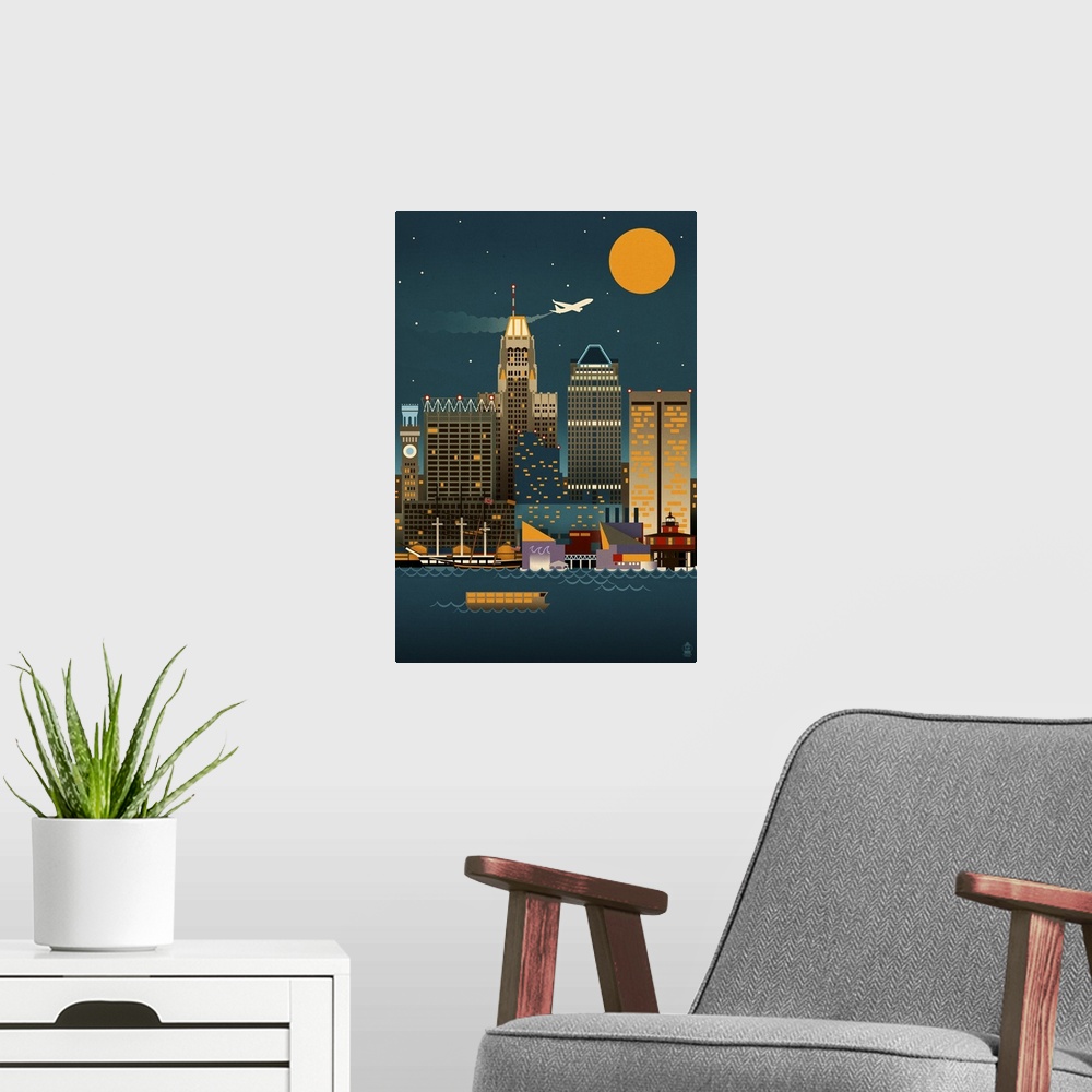 A modern room featuring Baltimore, Maryland, Retro Skyline