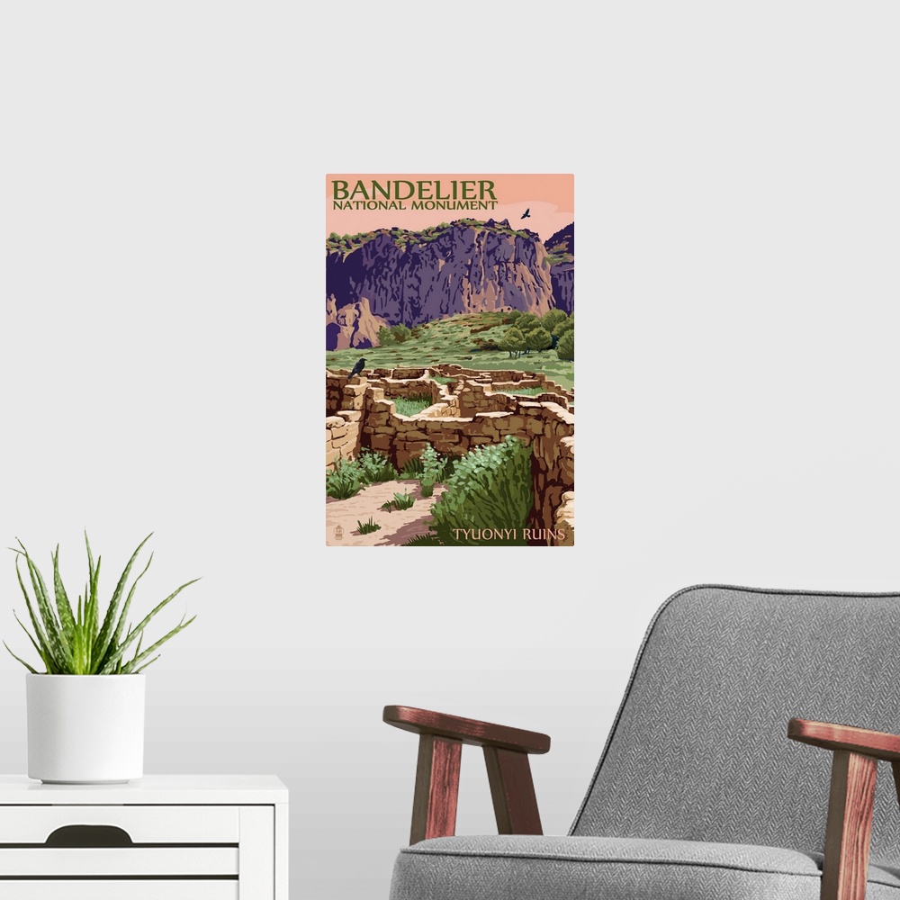 A modern room featuring Bandelier National Monument, New Mexico - Tyuonyi Ruins: Retro Travel Poster
