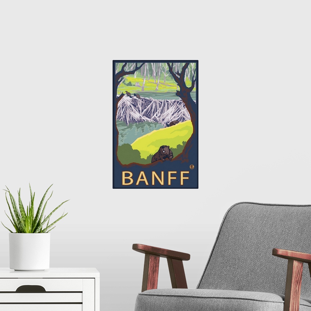 A modern room featuring Banff, Canada - Beaver Family: Retro Travel Poster