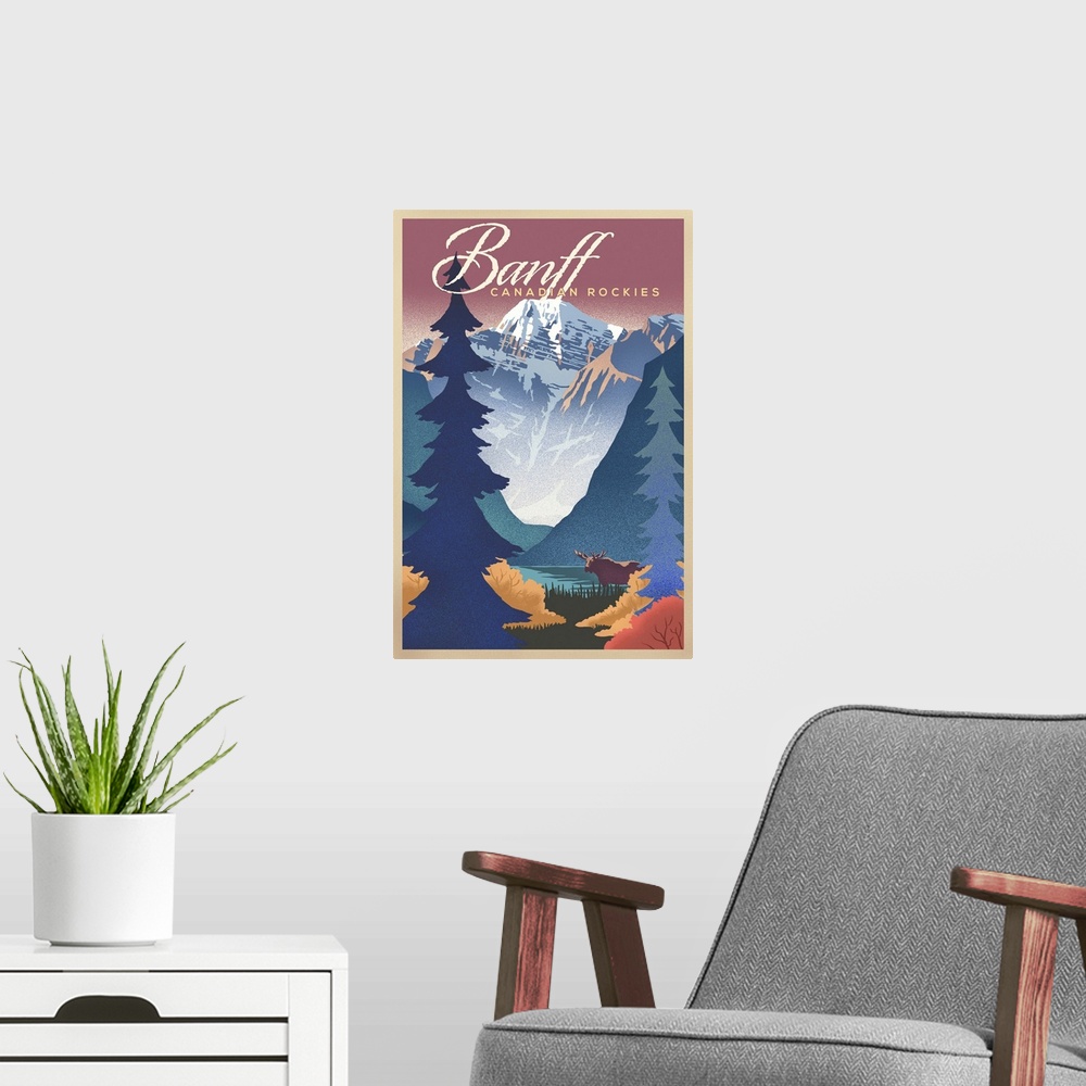 A modern room featuring Banff, Canada - Canadian Rockies - Mountain Scene - Lithograph