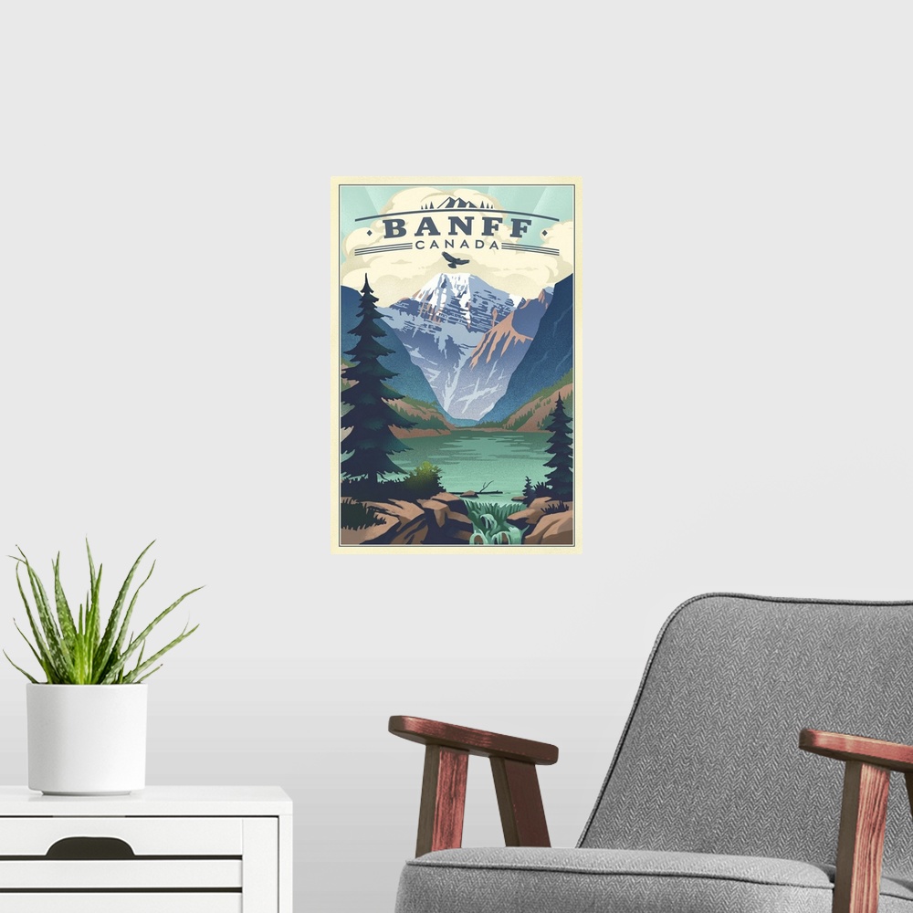 A modern room featuring Banff, Canada - Lake - Lithograph