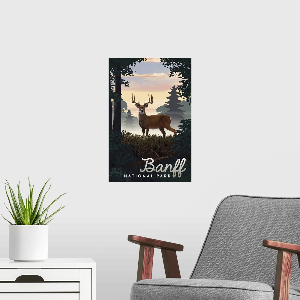A modern room featuring Banff National Park, Deer: Retro Travel Poster