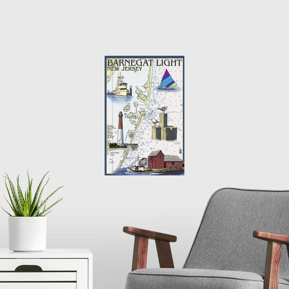 A modern room featuring Barnegat Light, New Jersey - Nautical Chart: Retro Travel Poster