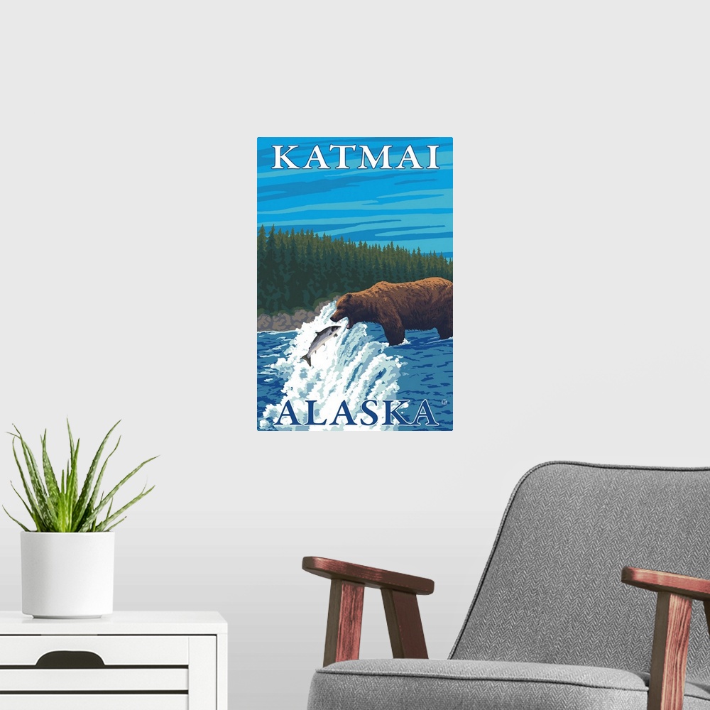 A modern room featuring Bear Fishing in River - Katmai, Alaska: Retro Travel Poster