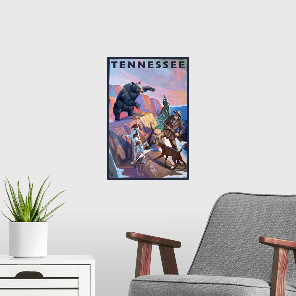 A modern room featuring Bear Hunter with Dogs - Tennessee: Retro Travel Poster