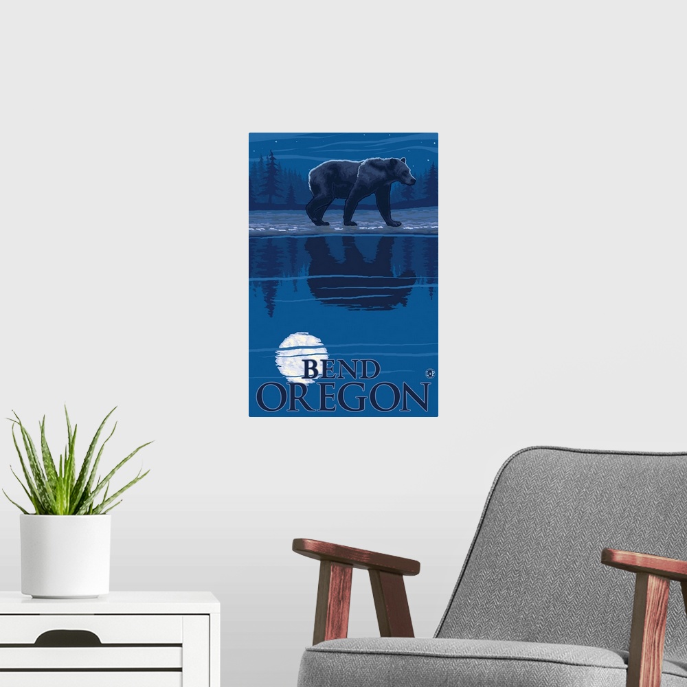 A modern room featuring Bear in Moonlight - Bend, Oregon: Retro Travel Poster