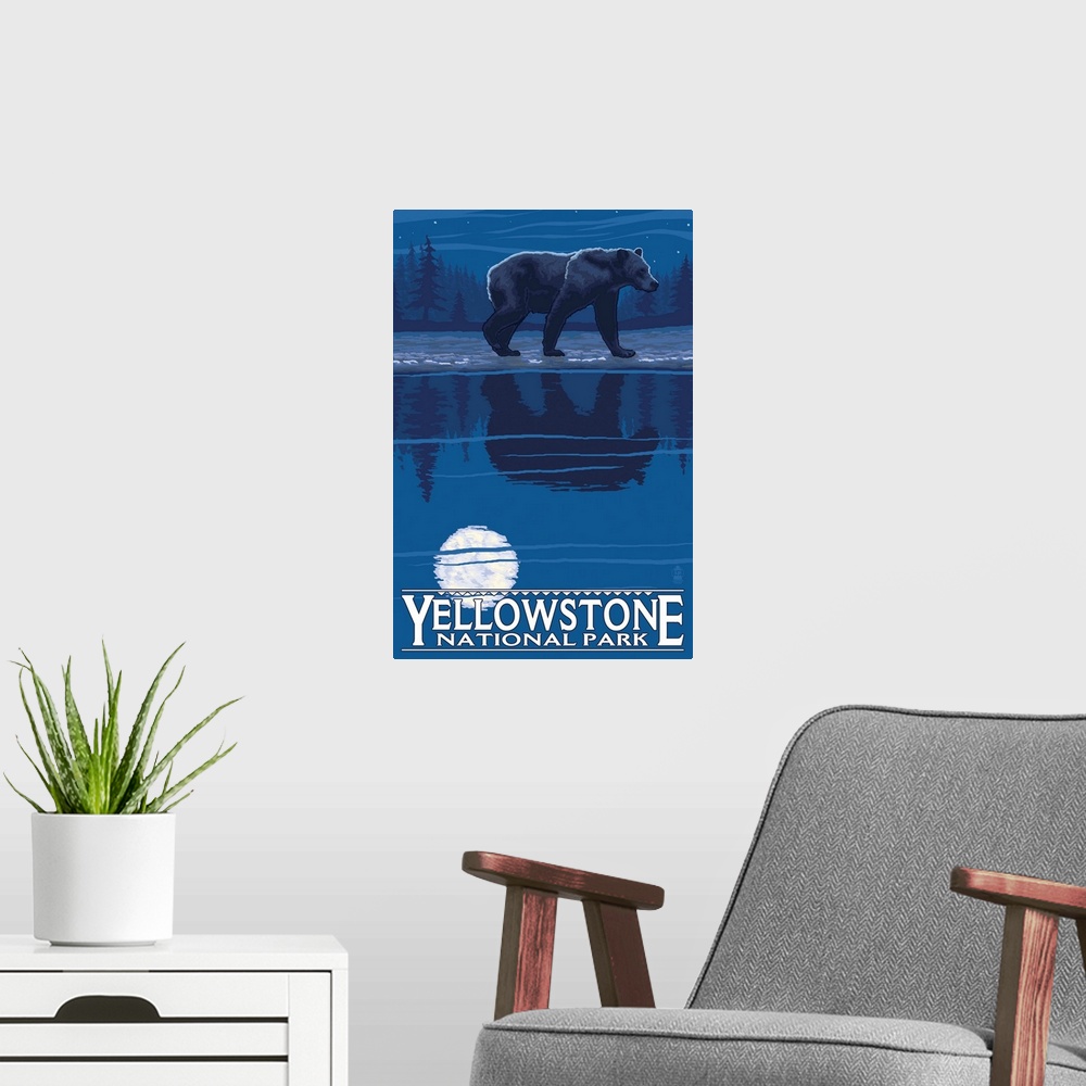 A modern room featuring Bear in Moonlight - Yellowstone National Park: Retro Travel Poster