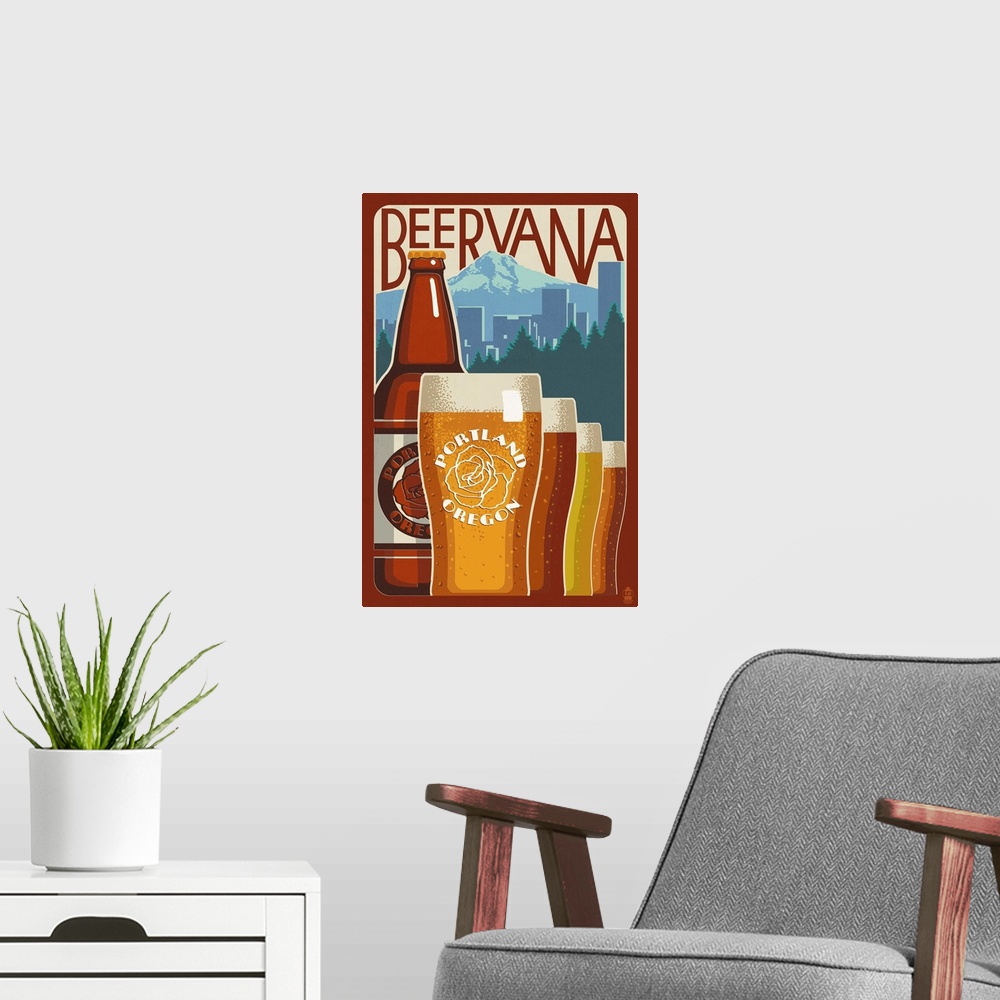 A modern room featuring Retro stylized art poster of pint glasses in a row of filled with different types of beer in fron...