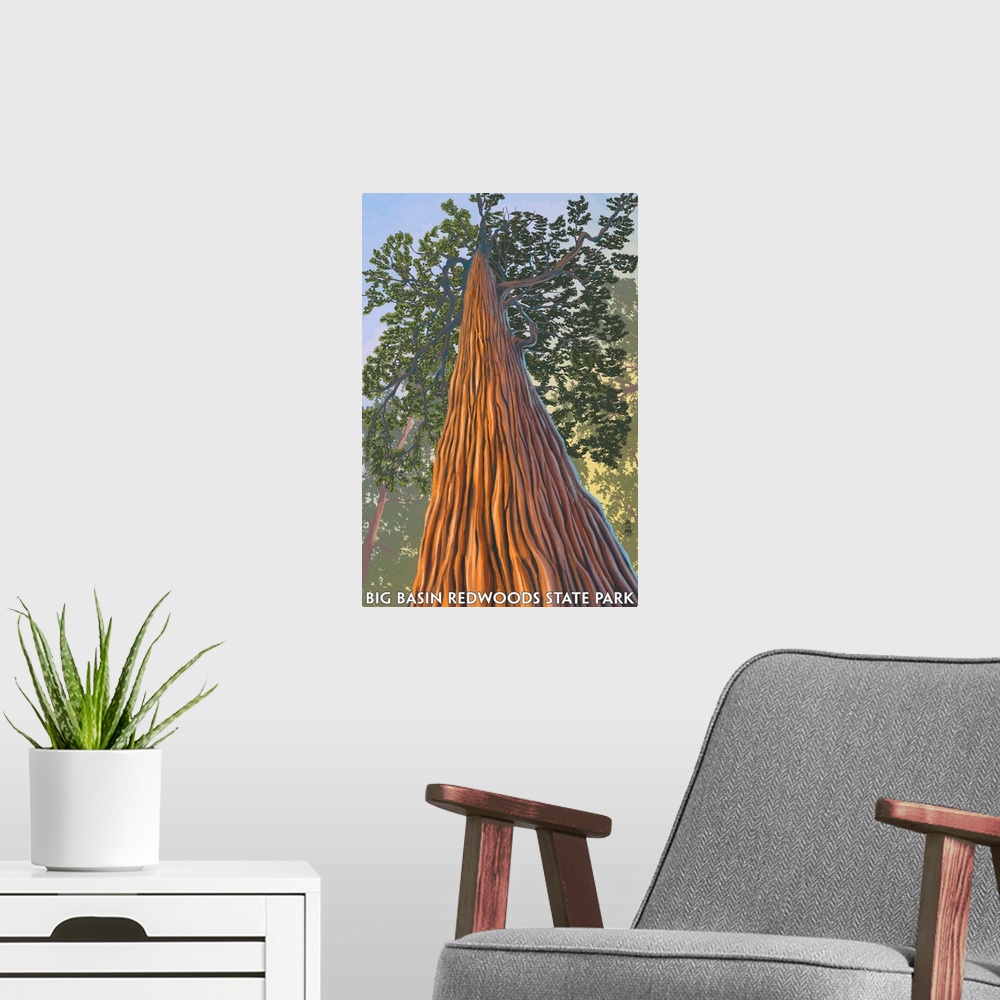 A modern room featuring Big Basin Redwoods State Park - Looking up Tree: Retro Travel Poster