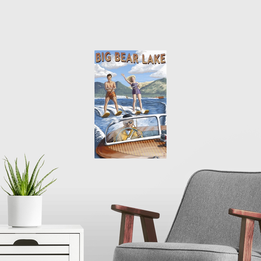 A modern room featuring Big Bear Lake, California - Waterskiers: Retro Travel Poster