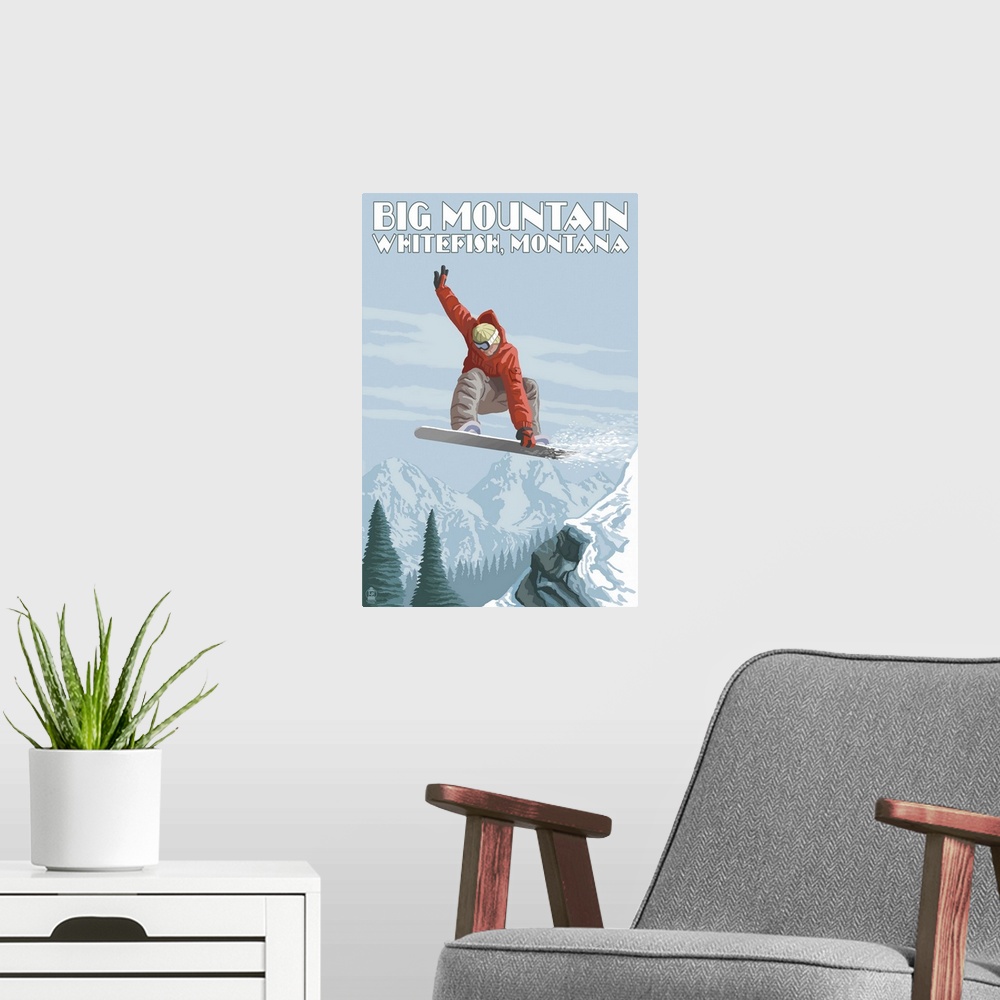 A modern room featuring Big Mountain - Whitefish, Montana - Snowboarder Jumping: Retro Travel Poster