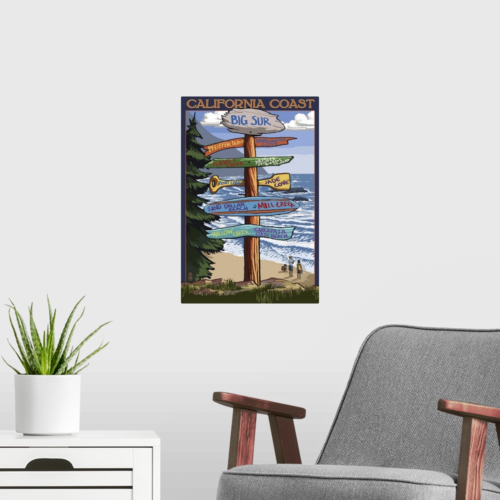 A modern room featuring Big Sur, California - Destination Sign: Retro Travel Poster