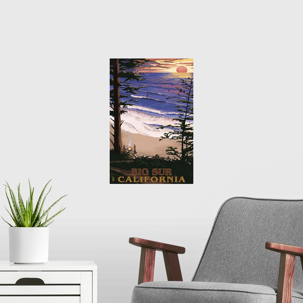 A modern room featuring Big Sur, California Surfing and Sunset: Retro Travel Poster