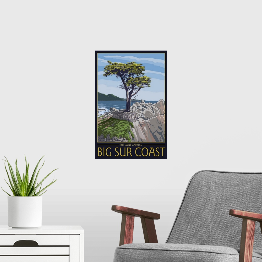 A modern room featuring Big Sur Coast, California - Lone Cypress Tree: Retro Travel Poster