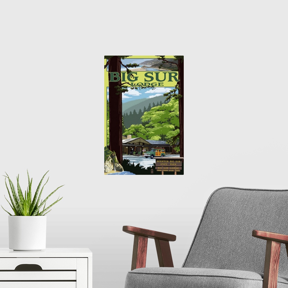 A modern room featuring Big Sur Lodge, California: Retro Travel Poster